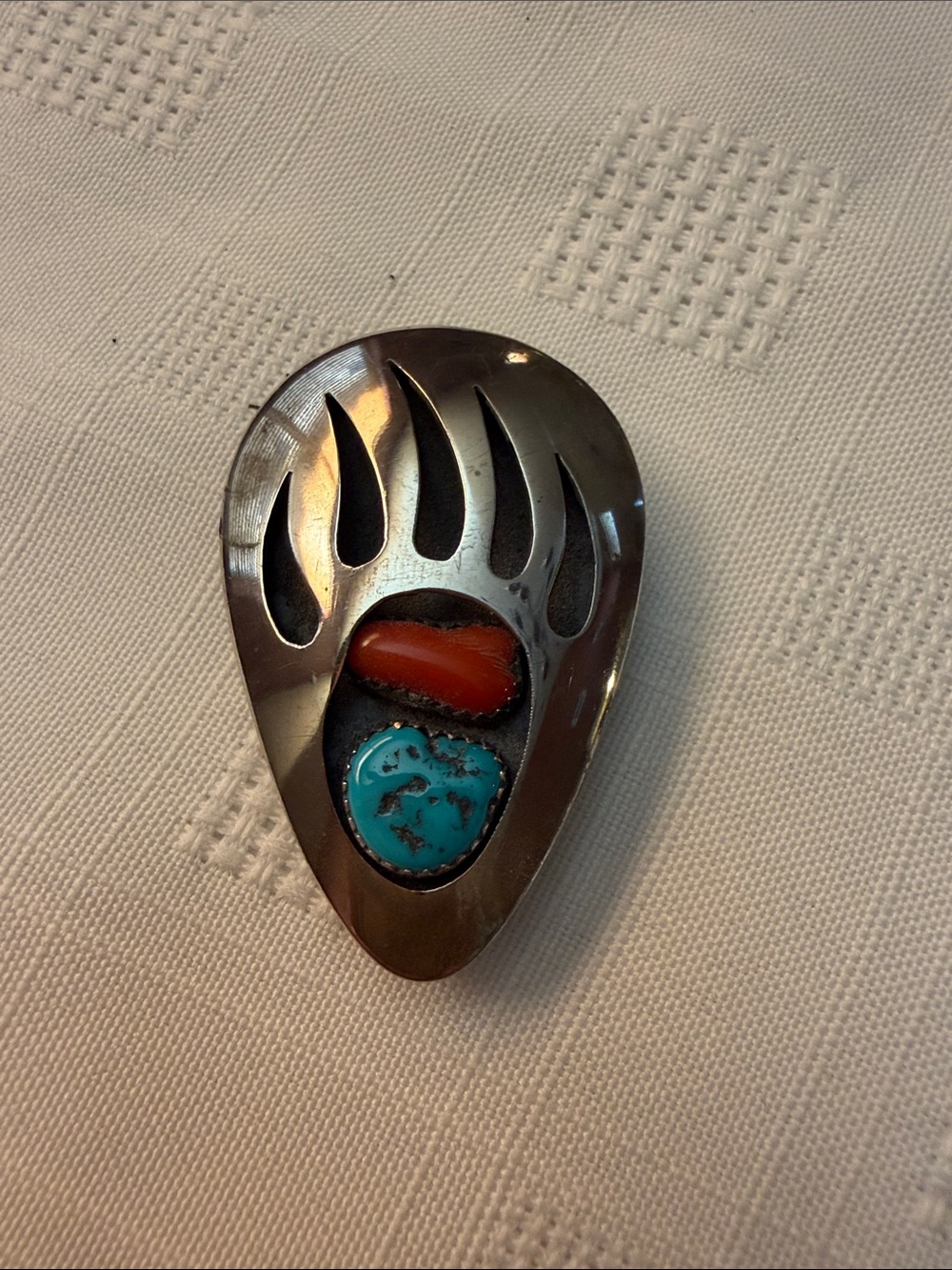 925 bolo tie slide, bear claw design with turquoise and red coral